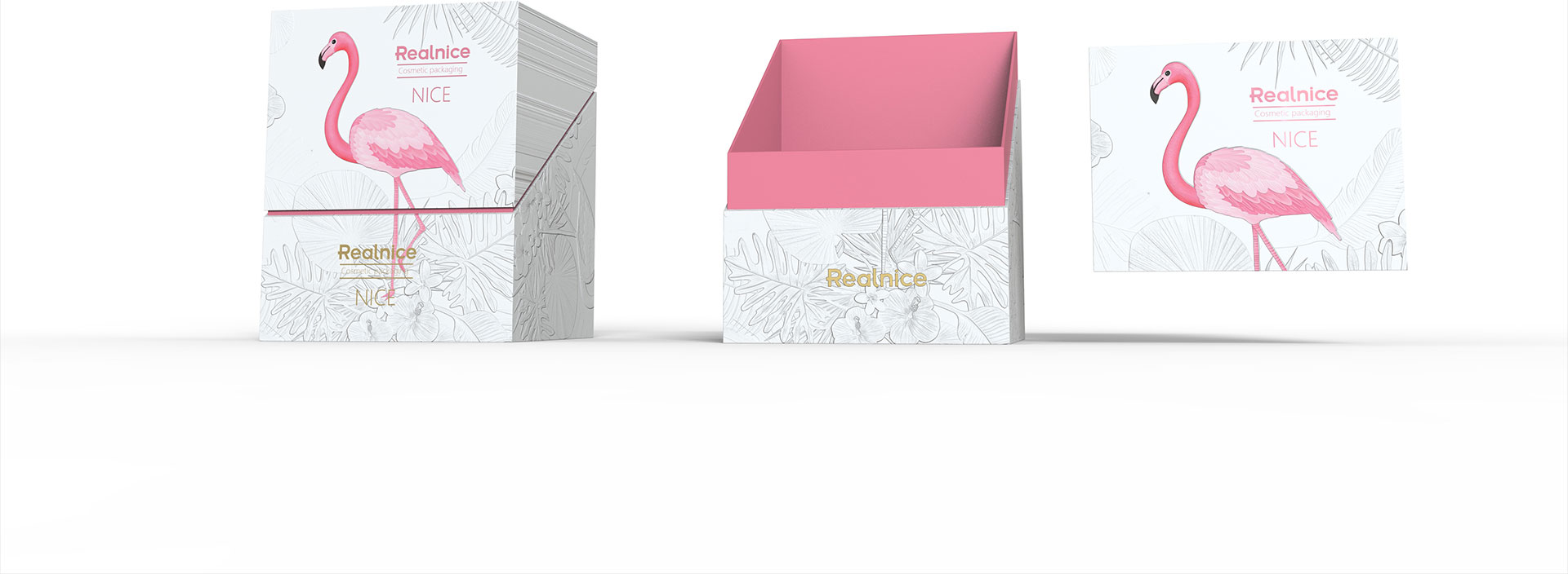 Printed rigid packaging with a pink interior, shown open and closed